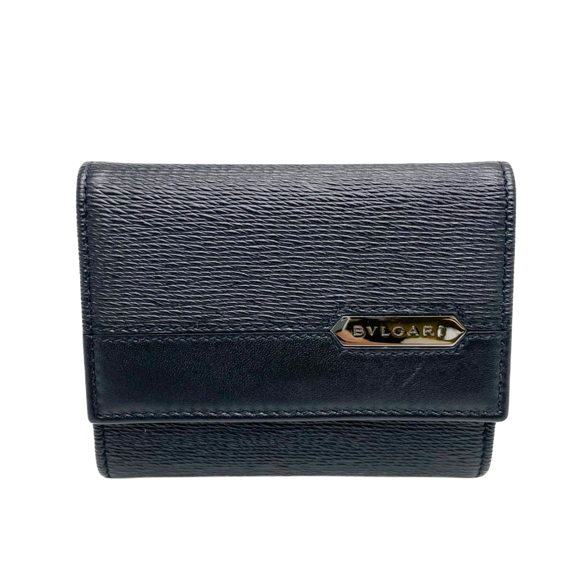 Bulgari Card Case Black Leather Wallet (Pre-Owned)