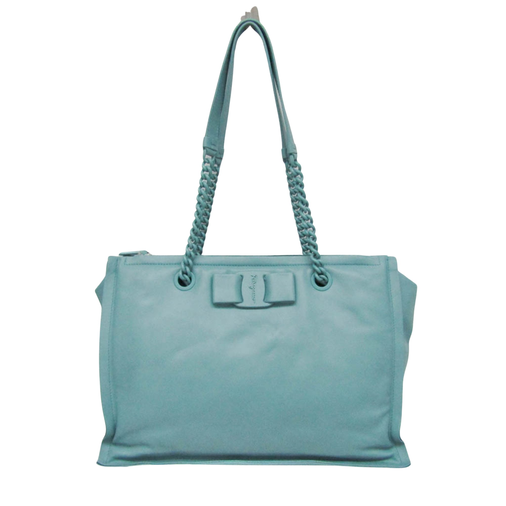 Salvatore Ferragamo Viva Bow Turquoise Leather Tote Bag Authentic 
